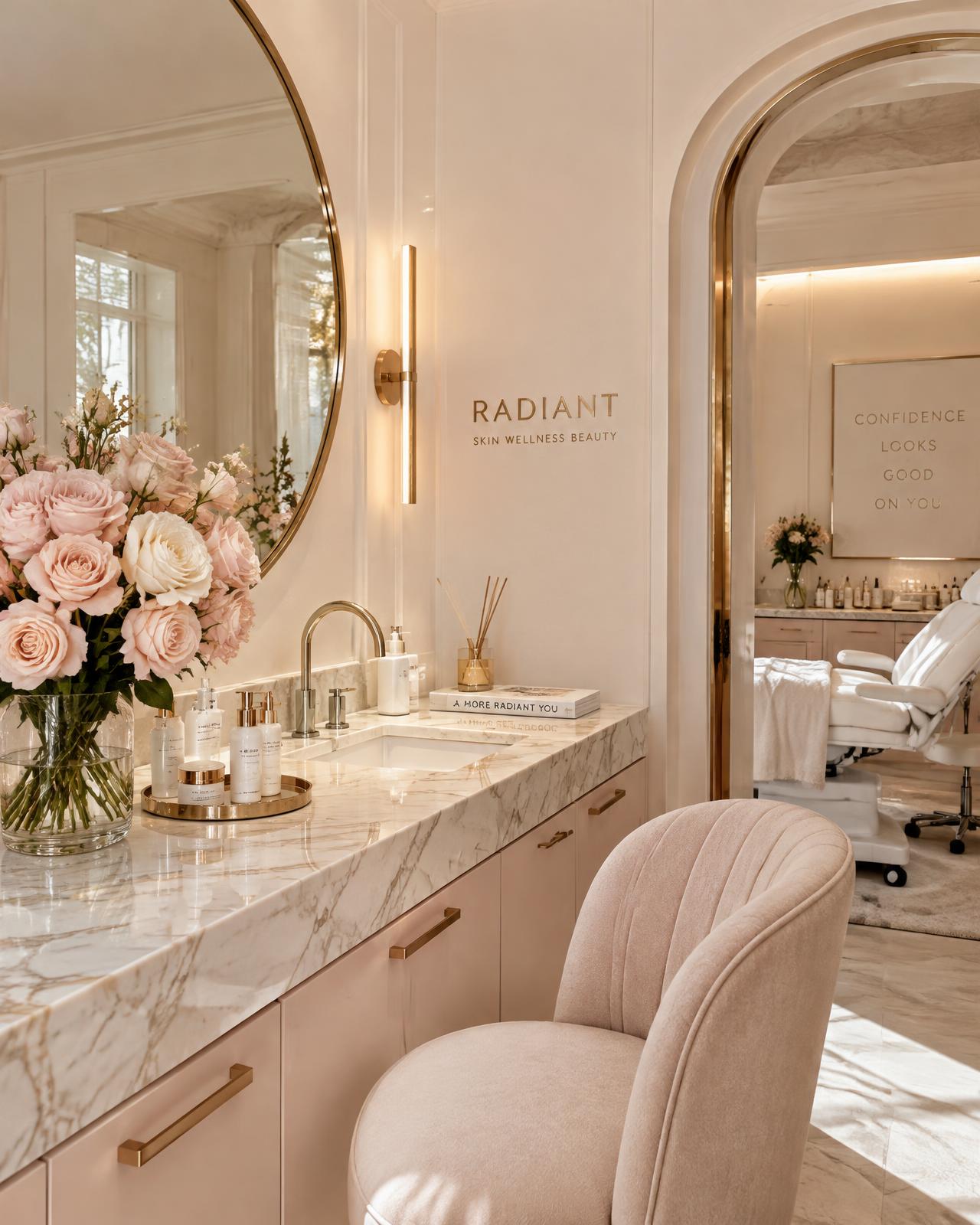 Elegant blush and marble med spa interior with roses and gold accents